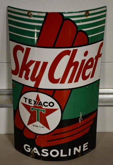 Texaco (white-T) Shy Chief Curved Porcelain Pump Sign (TAC)