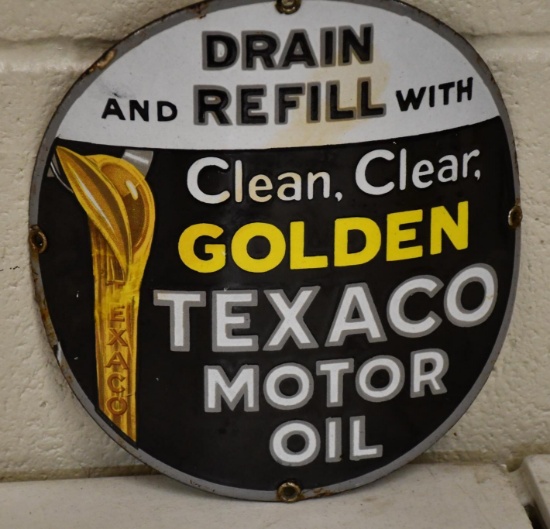 Hard to Find Texaco Drain and Refill with Motor Oil Curved Porcelain Sign (TAC)
