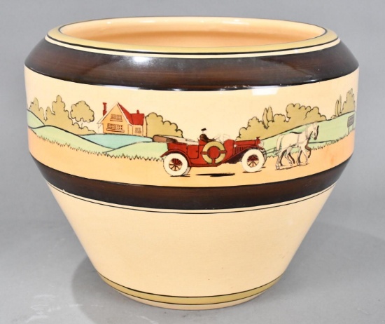 Roseville Pottery "Tourist" w/Red Car being pulled by horses Jardiniere