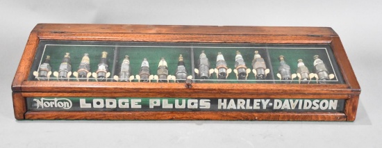 Lodge Plugs w/Harley-Davidson Norton Reverse Painted Glass Wood Display Case