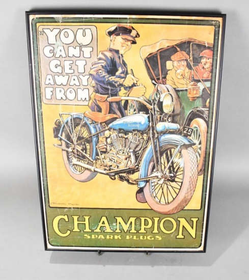 "You Can't Get Away From" Champion Spark Plugs w/Cop on a Harley-Davidson Poster