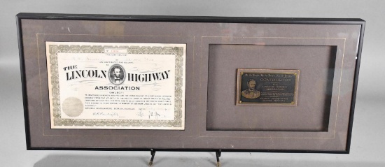 1914 Lincoln Highway Association Certificate & Plaque Framed