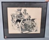 Original Pen on Paper by Edmund F. Ward Couple w/Cupid in Right-Hand Drive Car