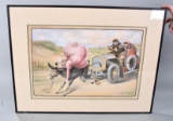 Original Lithograph by V. Spahnt of Early Automobile Hitting a Lady on Horse Back