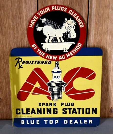 AC Spark Plug Cleaning Station Blue Top Dealer w/Sparky Logo Metal Flange Sign (TAC)