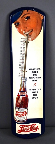 Pepsi:Cola Girl Sipping with Straw Metal Thermometer (TAC)
