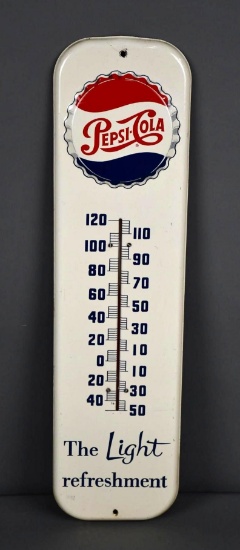 Pepsi-Cola "The Light Refreshment" w/Bottle Cap Logo Metal Thermometer (TAC)