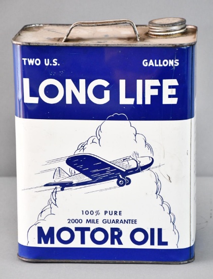 Long Life Motor Oil w/Twin-Engine Plane Image Two-Gallon Metal Can