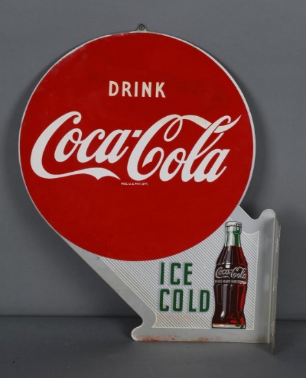 Drink Coca-Cola Ice Cold w/Bottle Metal Flange Sign (TAC)