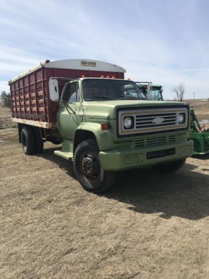 1976 C60 Chevy grain truck, 4+2 trans., rebuilt 366 motor w/ new carb in 2011, 400 bu. steel box w/