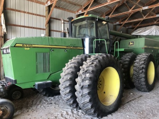 8770 JD 4WD tractor, 24 sp. quad range, 20.8 R 42 duals, auto steer, 4 hyd., 7436 hrs.