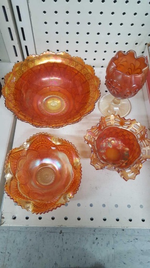 Four pieces of Carnival Glass