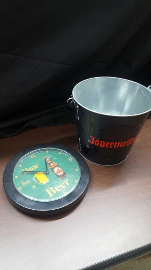 Beer advertising clock and ice bucket