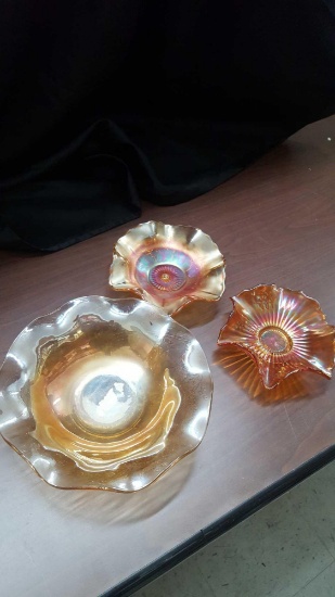 Three pieces of Carnival Glass