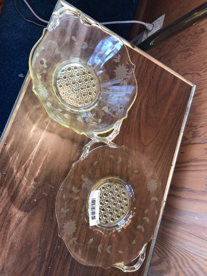 Two pieces of amber depression glass