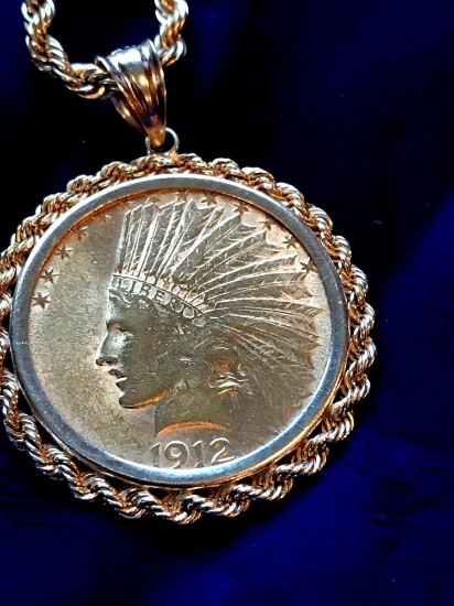 1912 Indian $10 gold piece with necklace