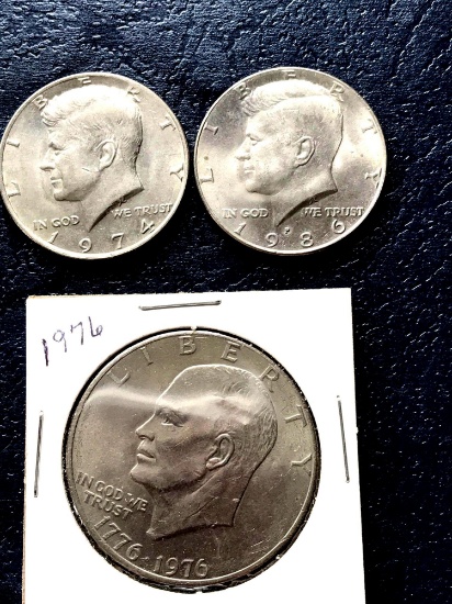 1 Bicentennial Eisenhower dollar 2 Kennedy halfs