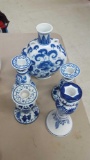 delft style candlestick holders and vase