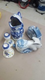 delft look candlestick holders, frog pitcher, rabbit dish with lid
