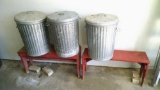 Two wooden benches and 3 galvanized trash cans