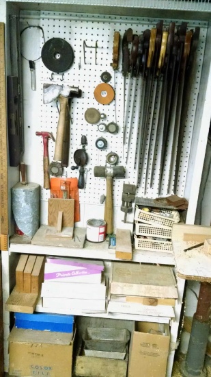 shelf contents ,hand saws,hatchet,and more