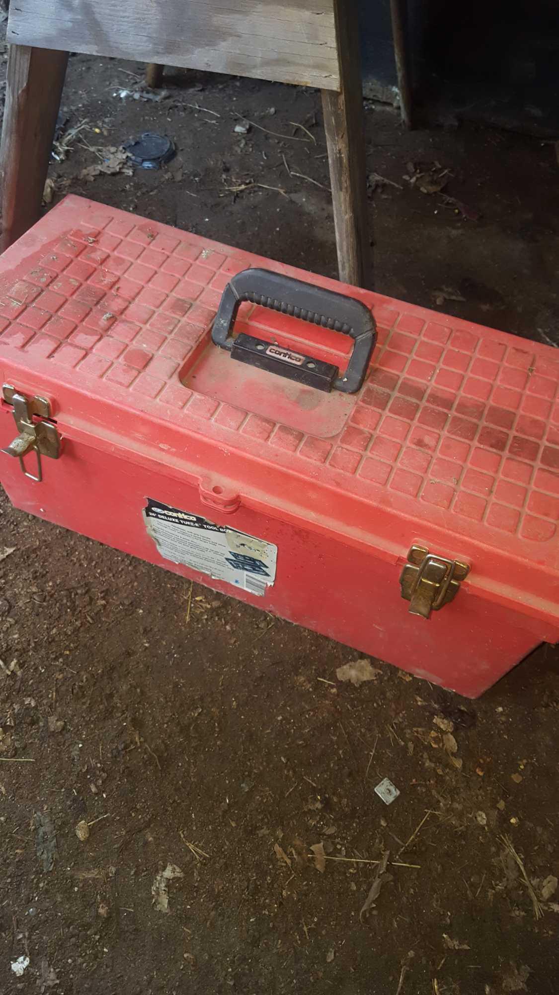 Red Contico tool box with tools