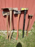 3 axes, pick axe, and sledgehammer