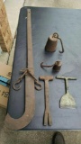 Vintage hand scale, weights and tools