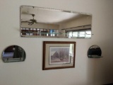 Wall mirror, glass shelves and framed picture