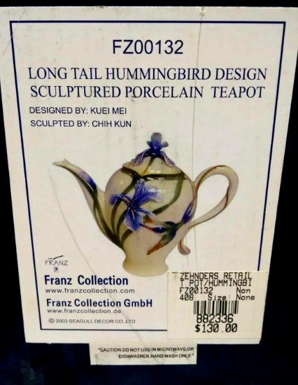 Franz hummingbird design sculptured porcelain teapot NOS 2003