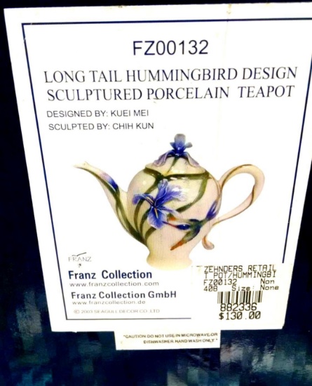 Franz collection long tail hummingbird design sculptured porcelain teapot NOS 2003