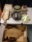 Lot of vintage kitchen items including gold tip matches, cutting boards, and more