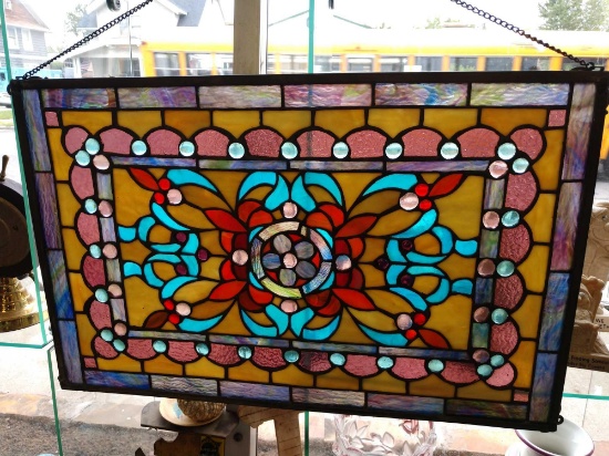 21 by 14 inch framed leaded glass