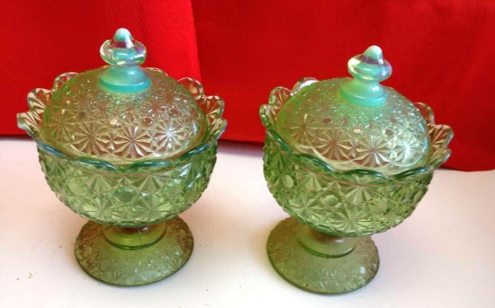 Two lidded Vaseline style candy jars