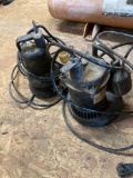 Small lot of two sump pumps, three small tires and wheels