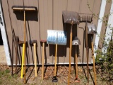 Yard tool lot including pry bars, shovels, ax, and more see pics