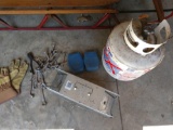 Miscellaneous lot including small live trap, LP gas can, wrenches and more