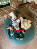 Bean bag chair and stuffed animals