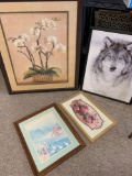 Four framed art Flowers, wolf, barn