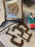 Vintage clocks, C clamps, oil can