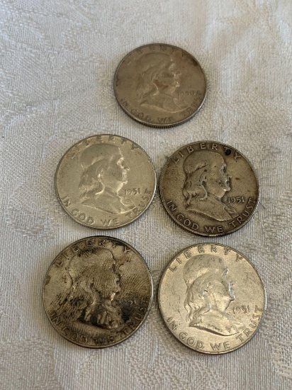 5 Franklin half dollars 1950 and 1951
