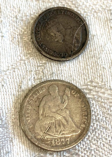 1877S seated dime and Canadian five cent silver and silver nickel