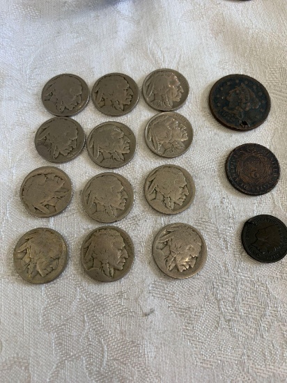 12 Buffalo nickels and Indianhead penny two cent coin