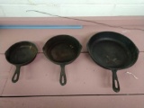 3 cast iron pans 11 in, 8-inch, and 6 in