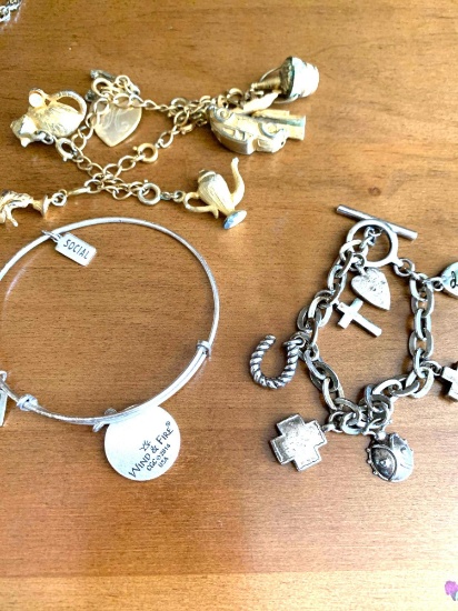 3 Charm bracelets, chicken necklace