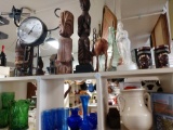 Contents of 3 shelves including wood figurines