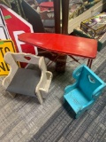 Kids red ironing board and small doll chairs