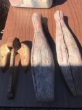 Wooden yard decorations and boat anchor