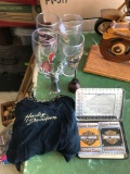 Beer glasses, playing cards Harley Davidson XL women?s shirt, oil can