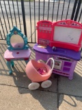 Little girls play kitchen vanity and stroller